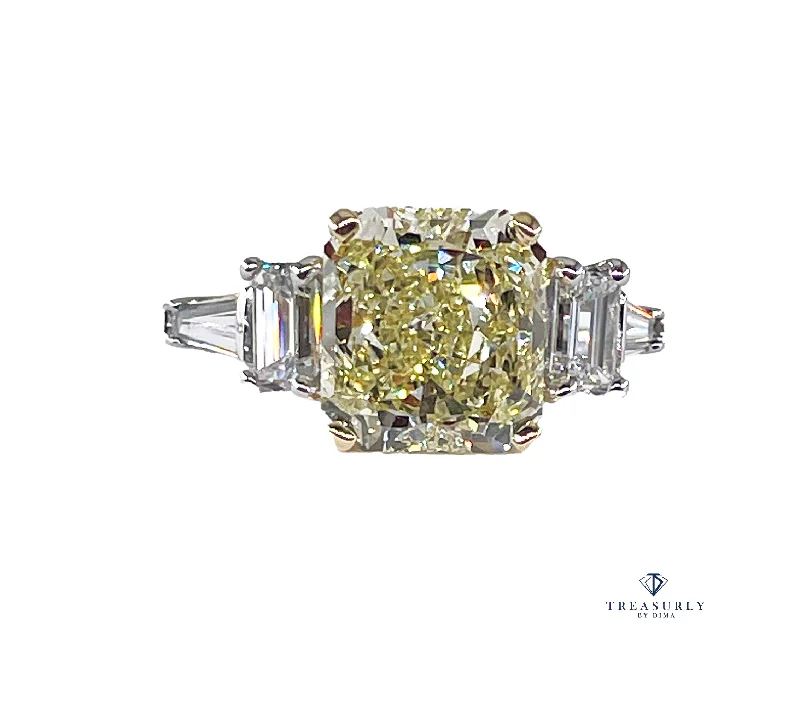 Dainty gold rings-Vintage “Canary” GIA 7.11ctw Natural Fancy YELLOW Radiant Cut Diamond 5 Stone Platinum Ring