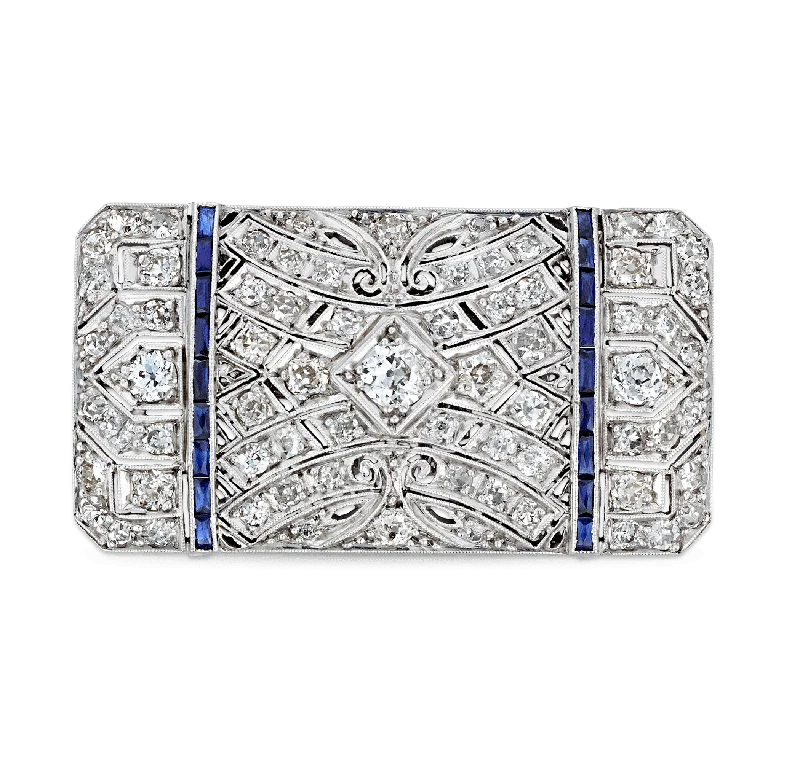 Curved art brooch-Art Deco Diamond and Sapphire Pendant Brooch