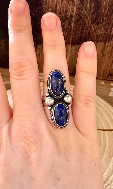 Alloy design rings-DOUBLE BLUE Lapis and Silver Ring • Size 5 1/4