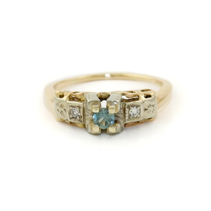 Small star rings-14k Two Tone x Antique Blue Topaz & Diamond Art-Deco Ring