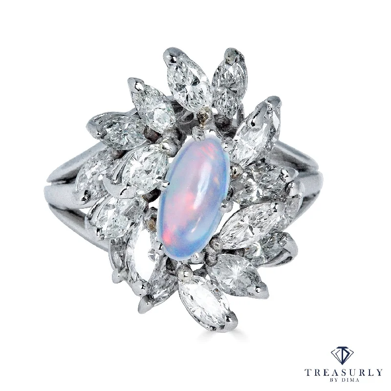 Curved shank rings-Estate Vintage 3.47ct Australian Opal and Diamond Cluster Cocktail Ballerina Platinum Ring