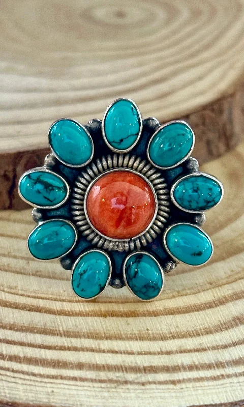 Curved gem rings-FLOWER POWER Navajo Spiny Oyster & Kingman Turquoise Sterling Silver Ring • Size 7