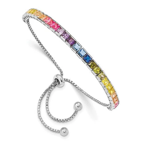 Bead-twisted bangles-Sterling Silver CZ 4mm Channel-Set Colorful Rainbow Adjustable Bracelet