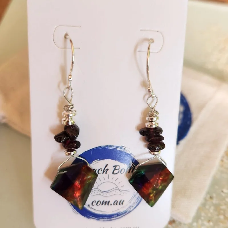 Rustic brass earrings-RAINBOW DREAM - AMMOLITE & GARNET HILLTRIBE SILVER EARRINGS