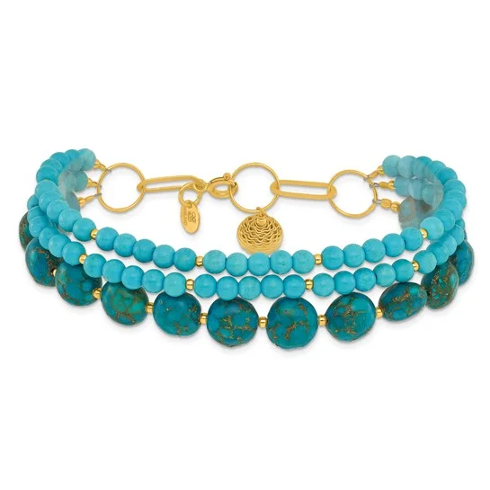 Slanted design bangles-Sterling Silver Gold-plated Recon Zircon and Turquoise Bracelet