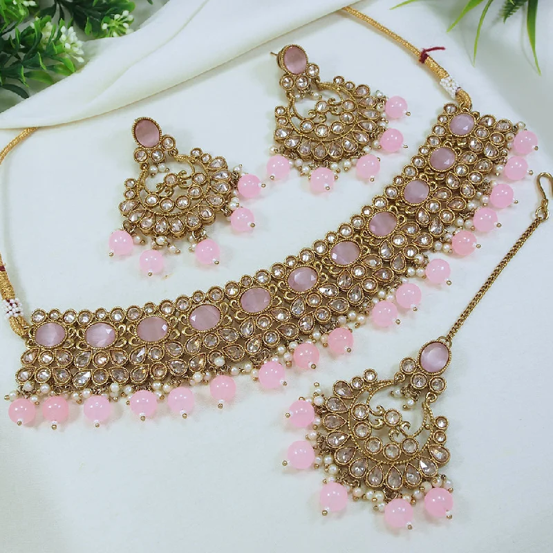 Tight clasp necklaces-LALSO Stunning Mehendi Gold plated AD/Zircon Work Necklace Jewelry Set With Maangtika