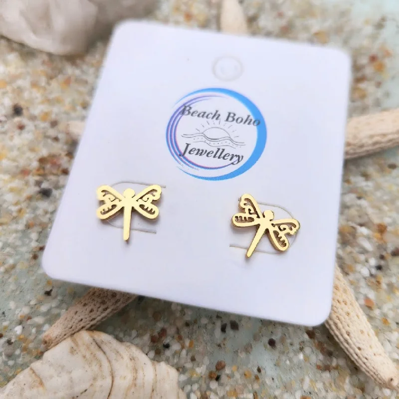 Fine charm earrings-DRAGONFLY - 18K WATERPROOF STUD EARRINGS