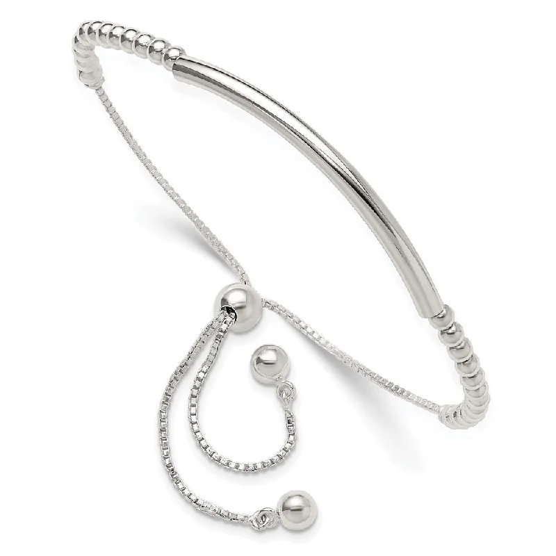 Cultured pearl bangles-Sterling Silver Curved Bar and Bead Adjustable Bolo Lariat Friendship Bracelet