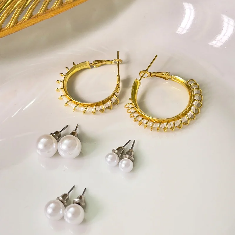 Twine bead earrings-Set Of 4 White Pearl Studs In Different Sizes & Gold-Toned Wire Wrapped Hoop Earrings