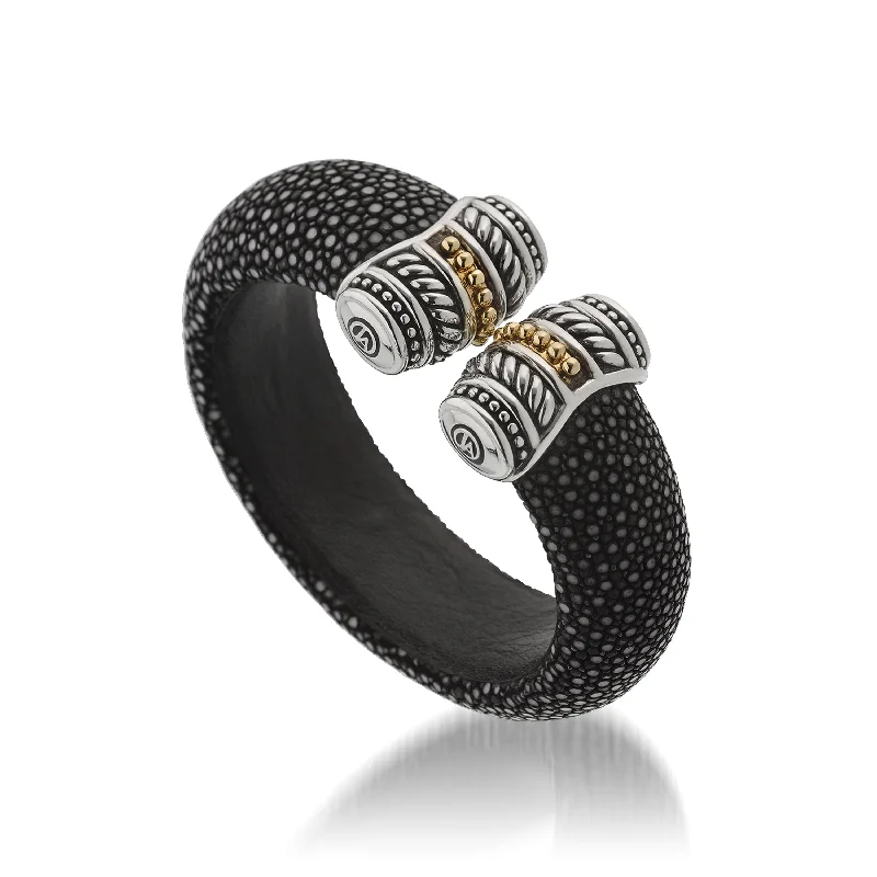 Layered link bangles-Apollo Wide Black Shagreen Cuff Bracelet