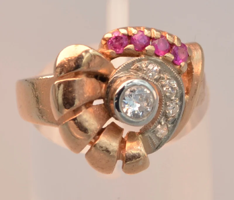 Linen thread rings-14K rose gold ring with Diamonds and Rubies, ca. 1940's