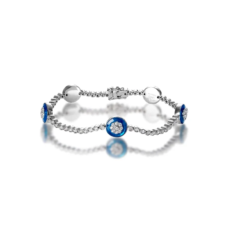 Polished bead bangles-Diamond Evil Eye Protection Bracelet Round Brilliant Bezel 14k White Gold