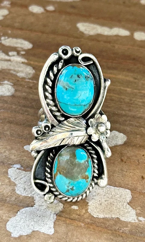 Hand-shiny rings-LITTLE C.R. Navajo, Dine'h Native Arts Turquoise Sterling Silver • Size 8