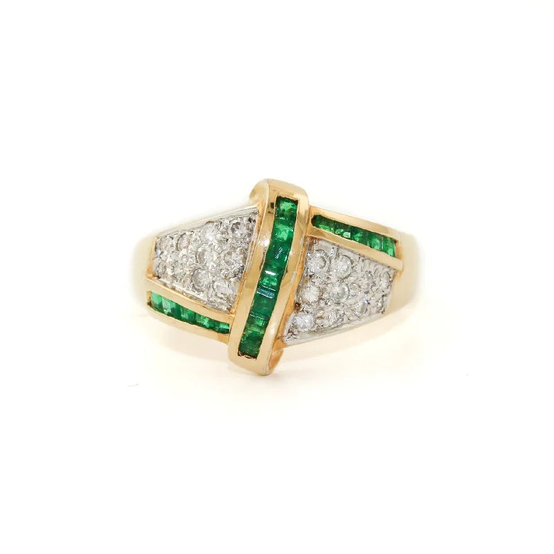 Morganite rings-14K Gold x Vintage 0.51ctw Emerald & Pave Diamond Cocktail Ring