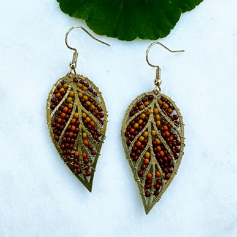 Wide hoop earrings-Beaded Leaf Earrings - Autumn, Guatemala