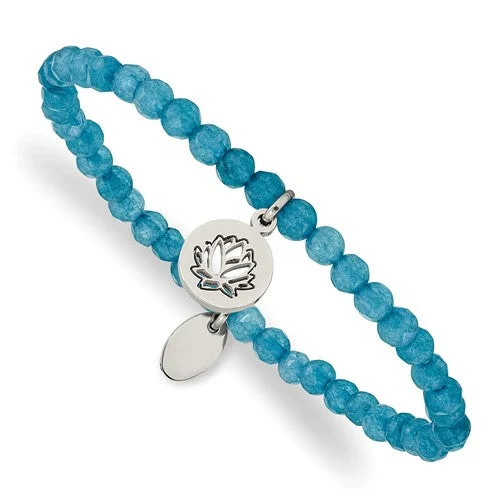 Solid pearl bangles-Stainless Steel Lotus Charm Blue Jade Beaded Stretch Bracelet