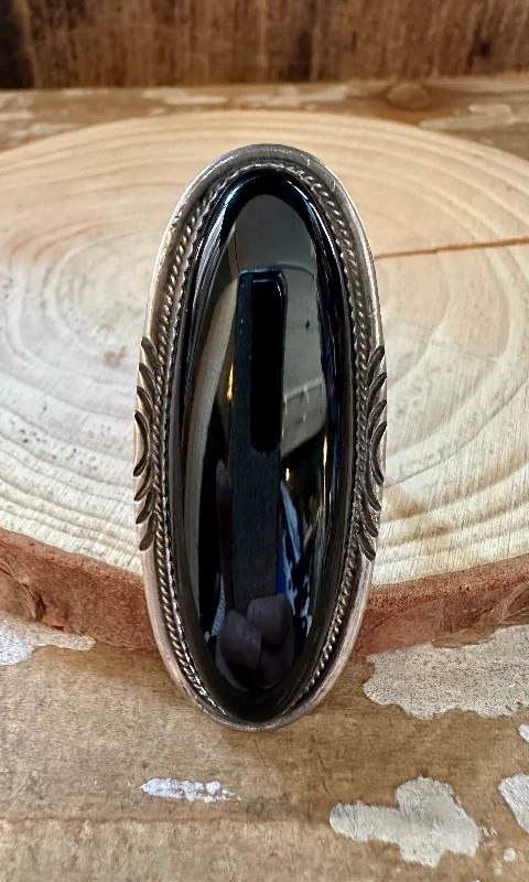 Wide geometric rings-BOLD BLACK ONYX Silver Ring • Size 7