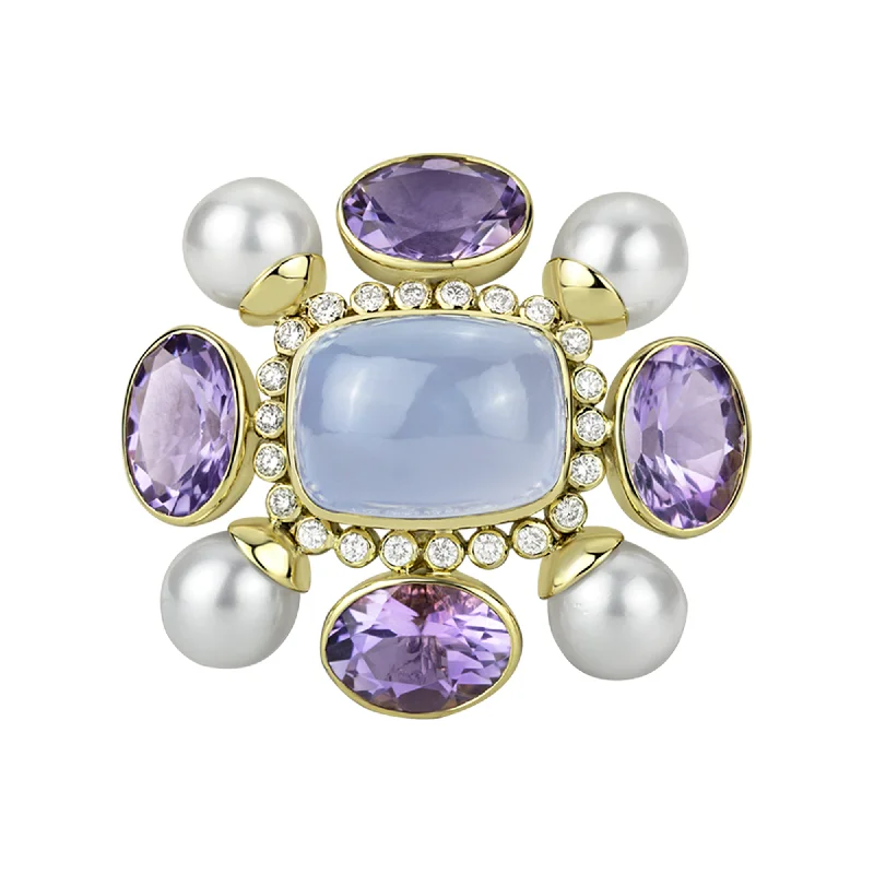 Wide bar brooch-Brooch- Amethyst, Chalcedony, Pearl And Diamond