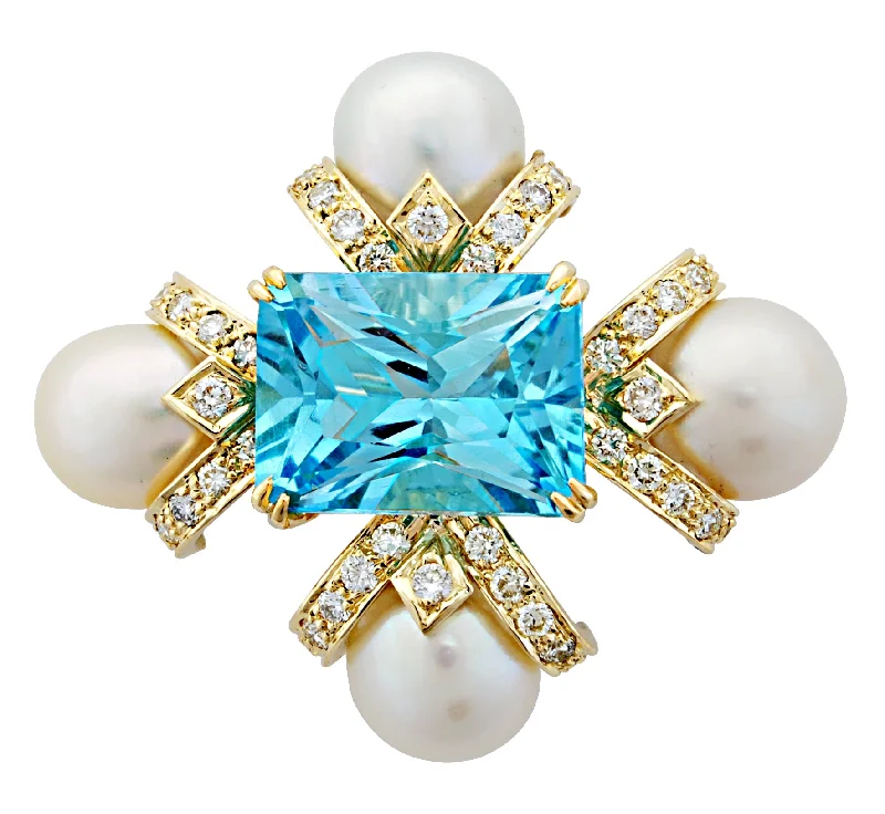 Spinel accent brooch-Brooch - Blue Topaz, Pearl And Diamond