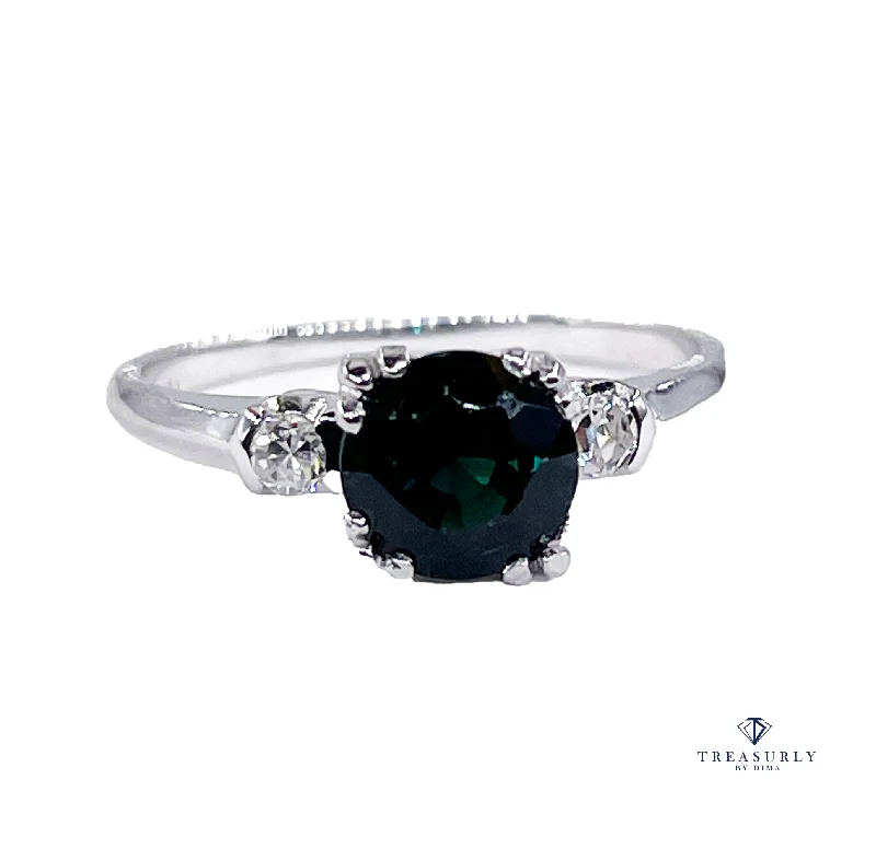 Heavy gem rings-Art Deco 1.34ct Solitaire Round Green Sapphire & Diamond Wedding 18K Vintage Antique Ring