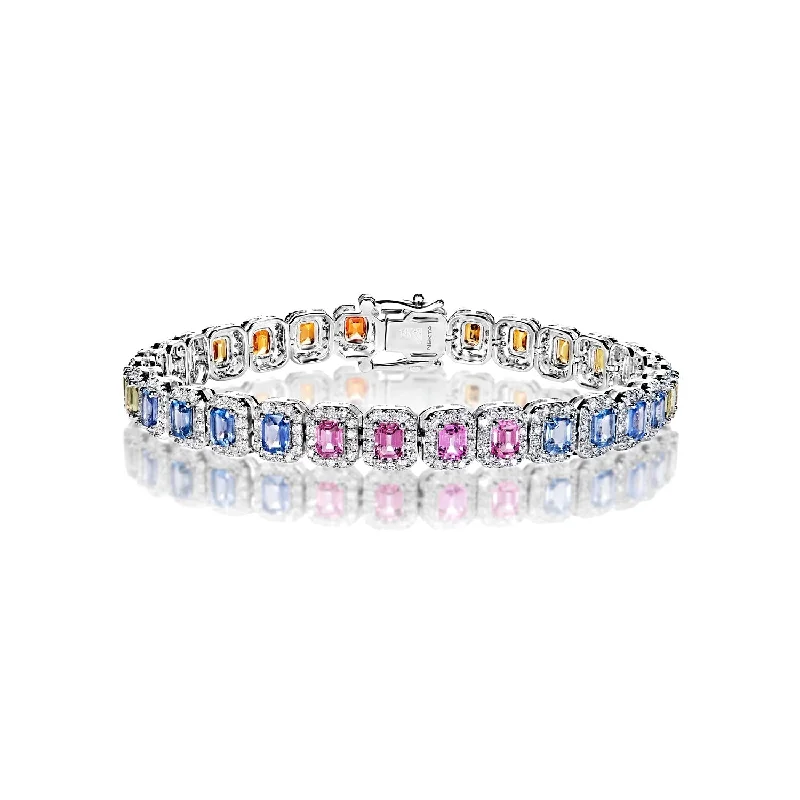 Faith charm bangles-Alejandra 13 Carats Multi-Color Sapphire Emerald Cut Single Row Diamond Tennis Bracelet in 14k White Gold