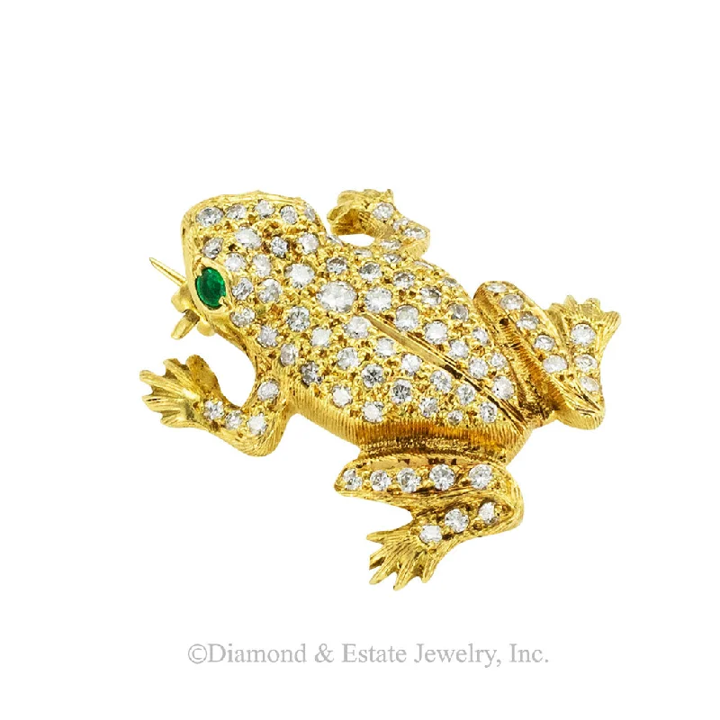 Chunky gem brooch-Austrian Diamond Emerald Gold Frog Brooch