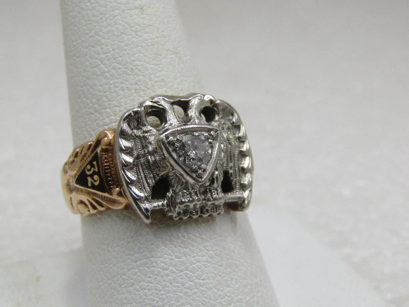 Plaited design rings-Vintage 10kt Masonic 32nd Degree Diamond Double Headed Eagle Ring, Sz. 9.5