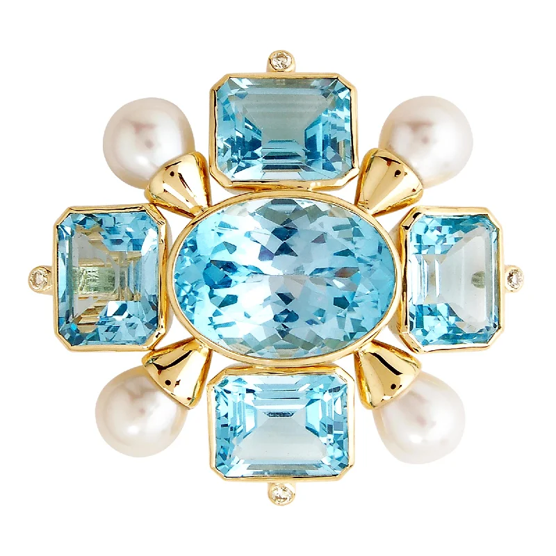 Lily design brooch-Brooch- Blue Topaz, Pearl And Diamond