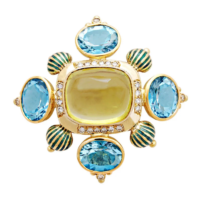 Chunky gem brooch-Brooch-Lemon Quartz, Blue Topaz and Diamond (Enamel)