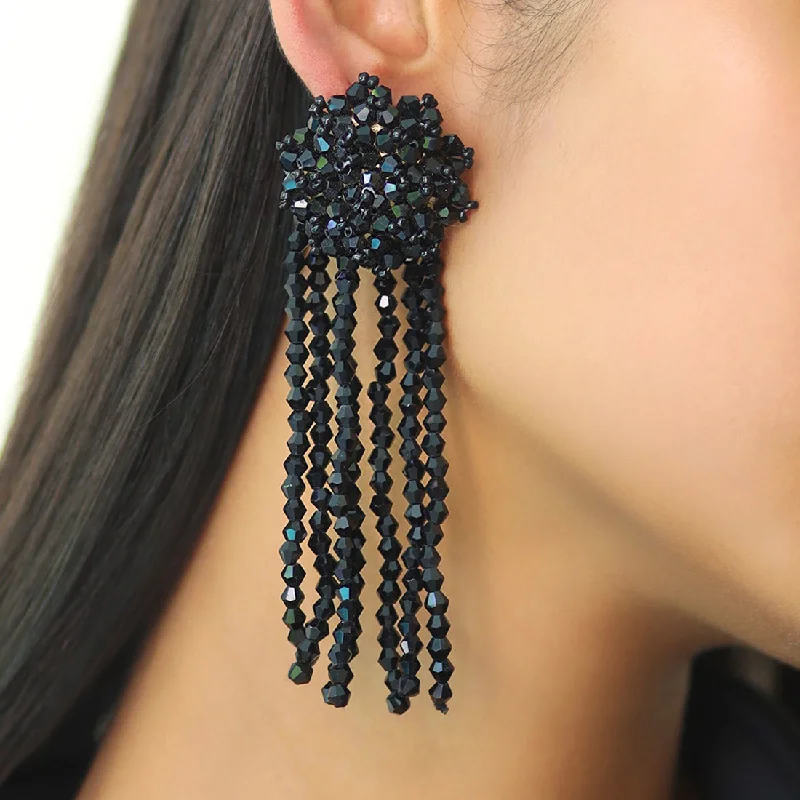 Vibrant gem earrings-Black Beaded Oversized Long Tassel Earrings