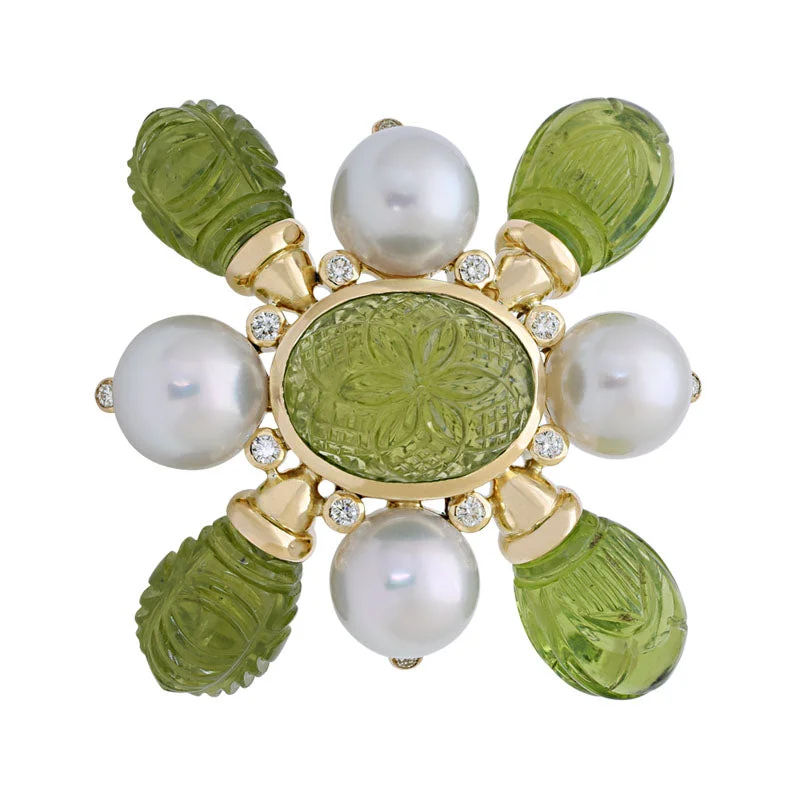 Moonstone brooch-Brooch- Peridot, South Sea Pearl and Diamond