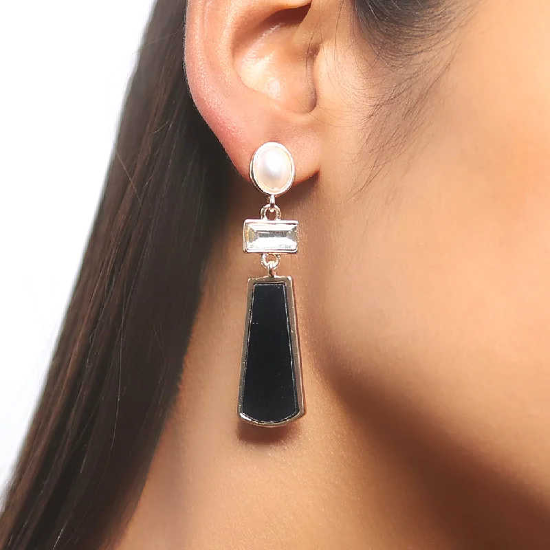 Lunar glow earrings-Pearl, Rhinestone & Black Acrylic Gold-Toned Triple Geometric Drop Earrings