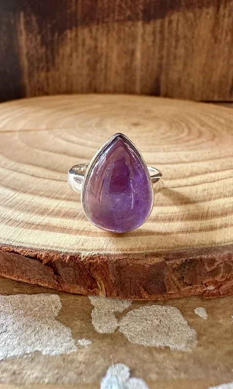 Matte finish rings-ROUND TEARDROP Amethyst Sterling Silver Ring • Size 8