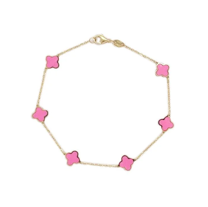 Heavy gem bangles-14k Gold & Pink Agate Station Clover Bracelet