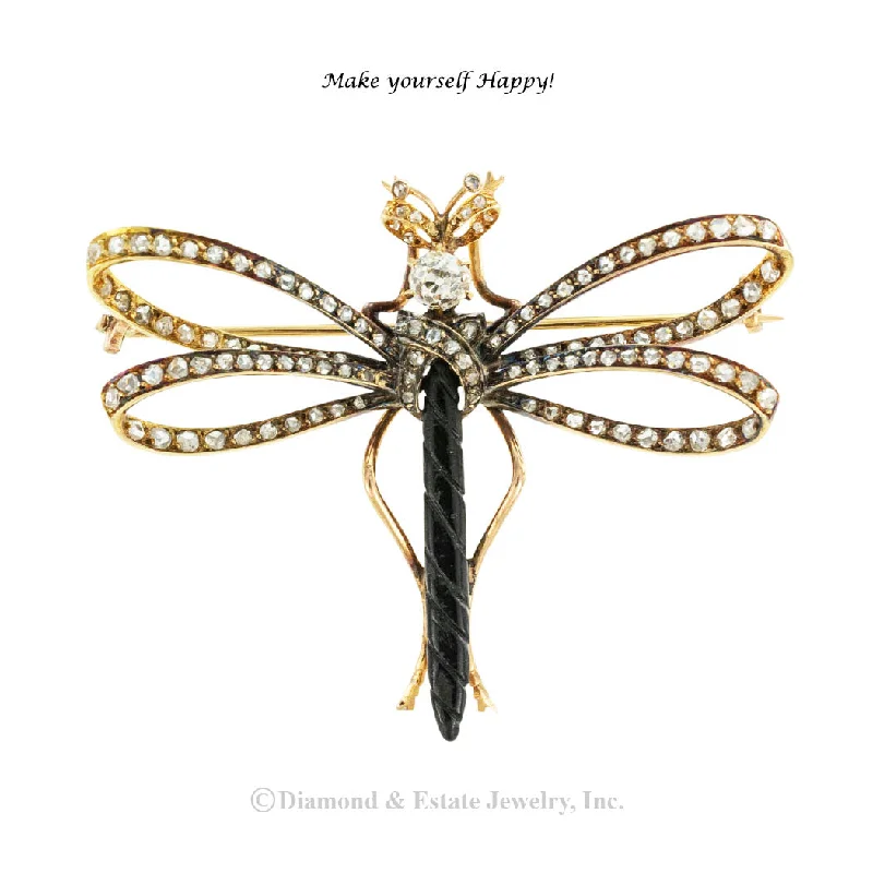 Curved gem brooch-French Victorian Diamond Gold Dragonfly Brooch