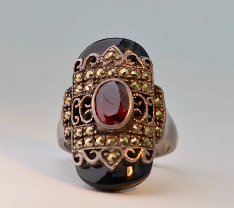 Surf inlay rings-Onyx Marcasite Garnet Ring in Sterling Silver