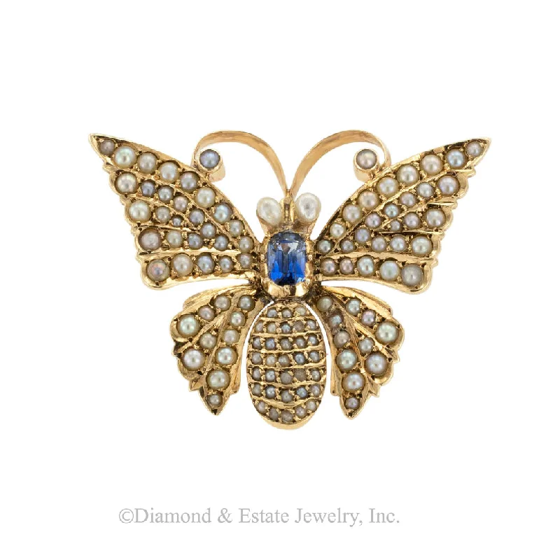 Night gothic brooch-Victorian Sapphire Seed Pearl Butterfly Yellow Gold Brooch Pendant