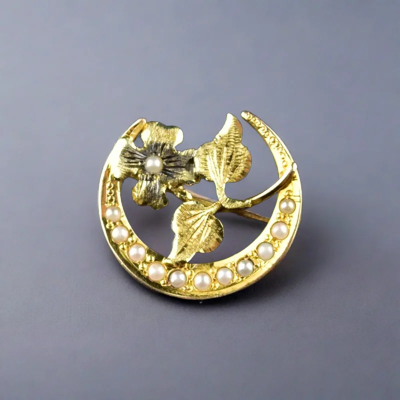 Bow design brooch-Antique 10K Gold Pearl Crescent Moon Flower Brooch