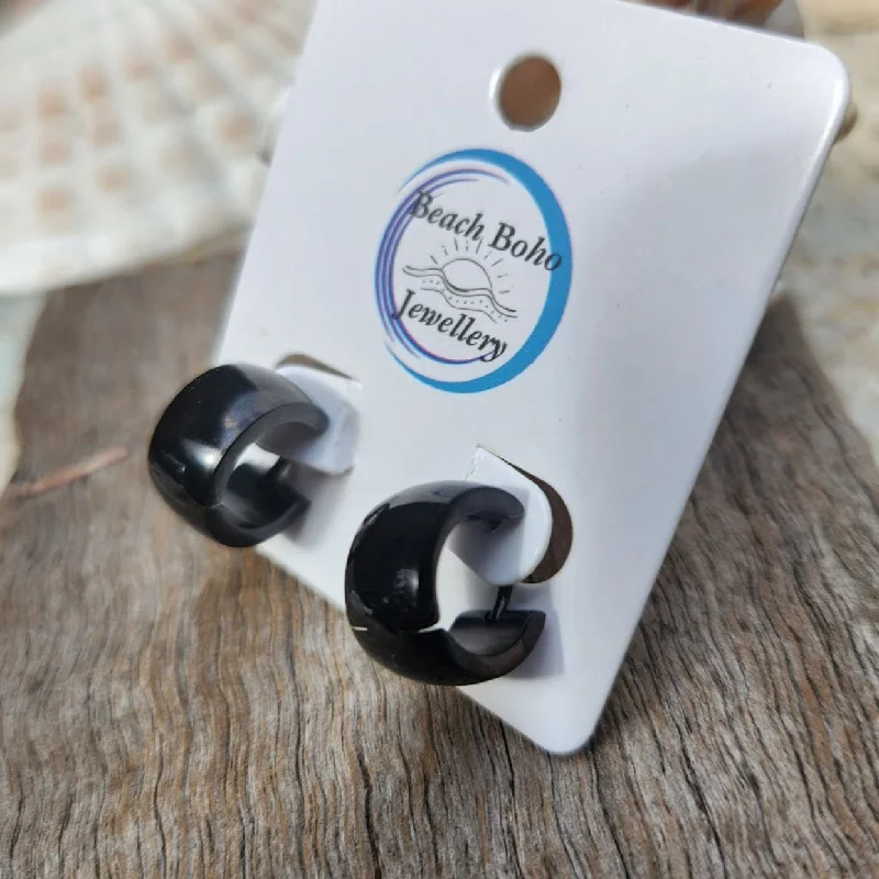 Smooth gem earrings-BLACK HUGS -  BLACK WATERPROOF HUGGIE EARRINGS