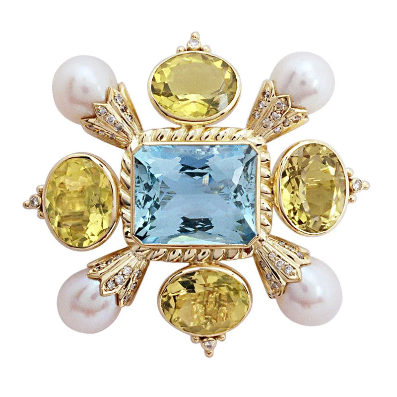 Elegant design brooch-Brooch - Aquamarine, Lemon Quartz, Pearl and Diamond