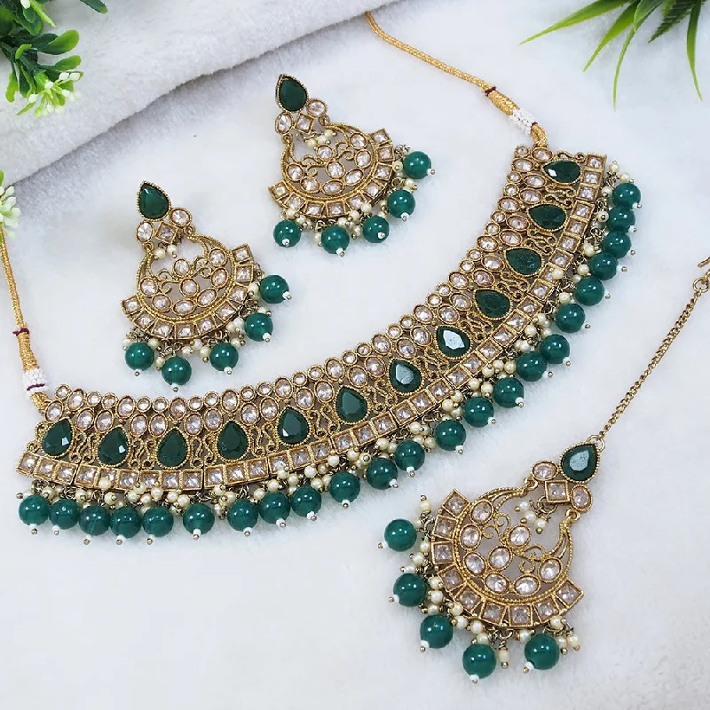 Dainty charm necklaces-LALSO Designer Mehendi Gold plated AD/Zircon Work Necklace Jewelry Set With Maangtika