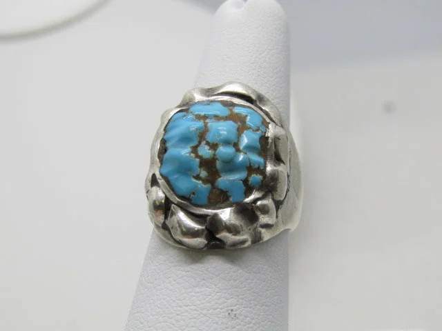 Hand-polished rings-Vintage Southwestern Sterling Turquoise Ring, Freeform, Size 7, 1970's, 16.53 gr., Unisex