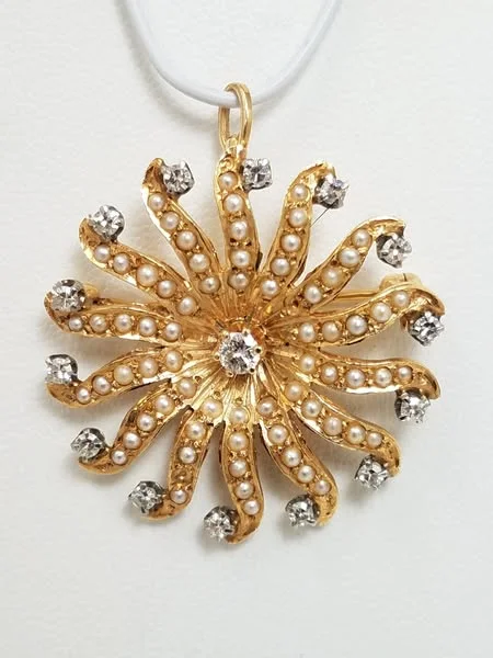 Pure style brooch-Vintage Starburst Natural Diamond + Seed Pearl 14k Gold Pendant/Brooch