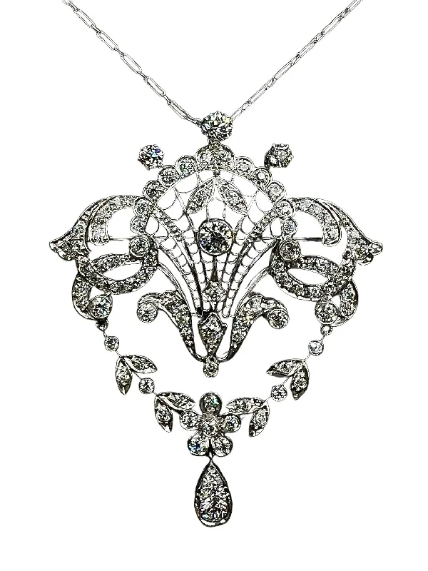 Tiered motif brooch-Edwardian Old European Diamond Platinum Brooch Pendant Necklace Circa 1910