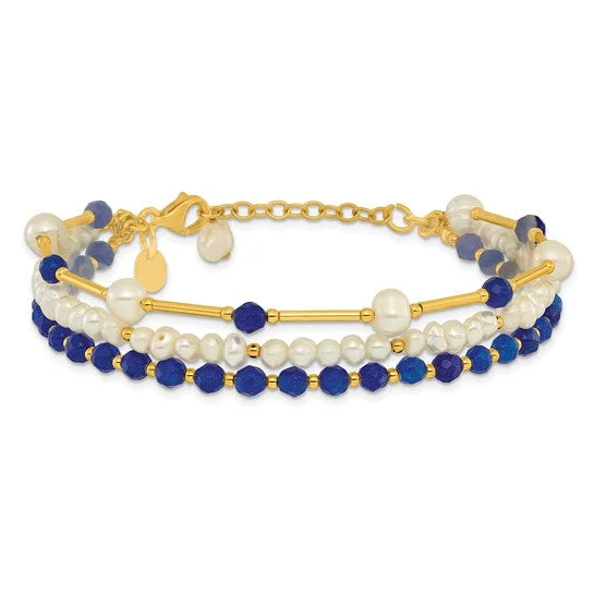 Wide gold bangles-Sterling Silver Gold-plated Freshwater Pearl and Blue Quartz Bracelet