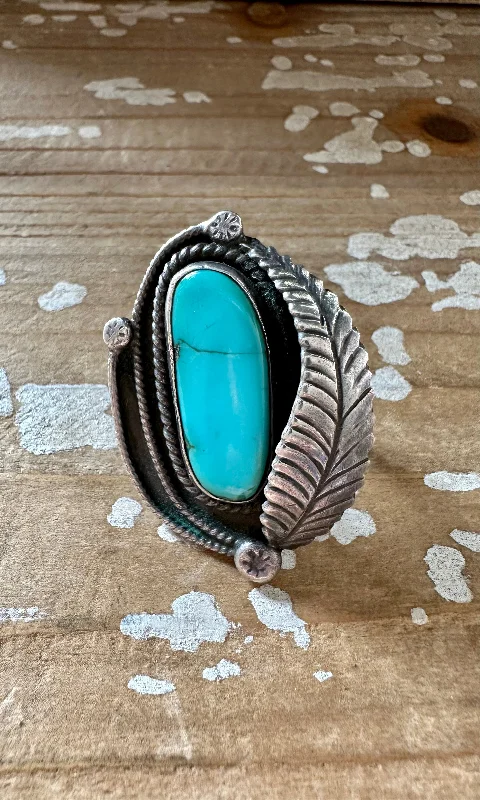 Etched monogram rings-TWISTED FEATHER Silver & Turquoise Ring • Size 7 1/4