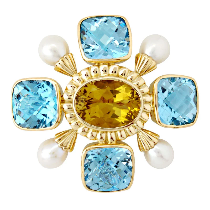 Tiered motif brooch-Brooch-Lemon Quartz, Blue Topaz and Pearl