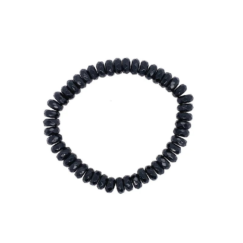 Bold geometric bangles-Dee Berkley 8mm Rhondell Faceted Shiny Black Agate Beaded Bracelet