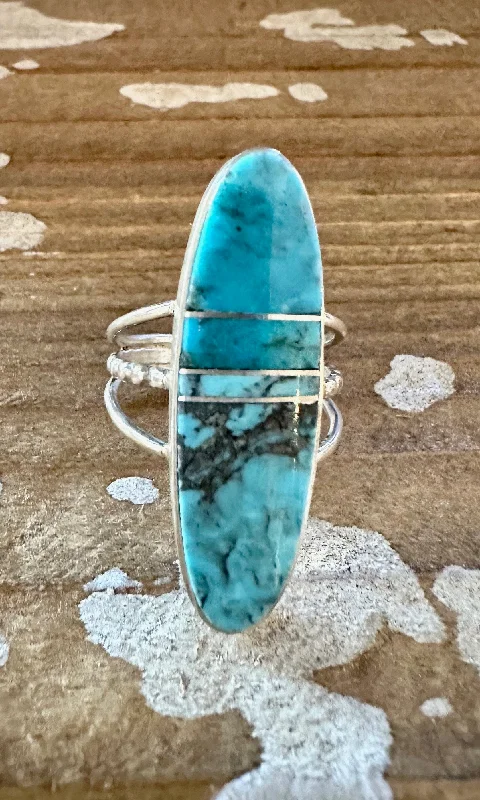 Glossy band rings-BLUE HORIZON Sterling Silver and Turquoise Inlay Ring by Harold Smith • Size 6 1/2