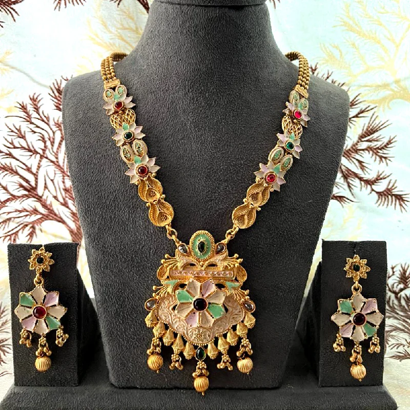 Sleek drop necklaces-India Art Gold Plated Pota Stone And Beads Necklace Set